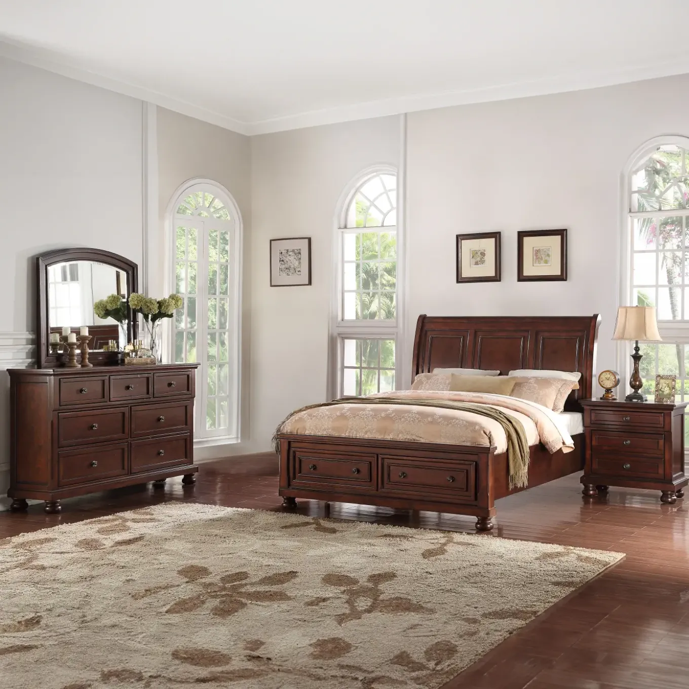 Cortland Cherry Bedroom Set Queen Sleigh Bed, Dresser, Mirror & Nightstand