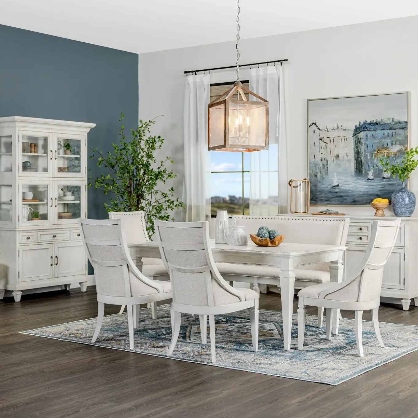East Bay 6pc Dining Set: Extendable Dining Table, 4 Arm Chairs & Bench