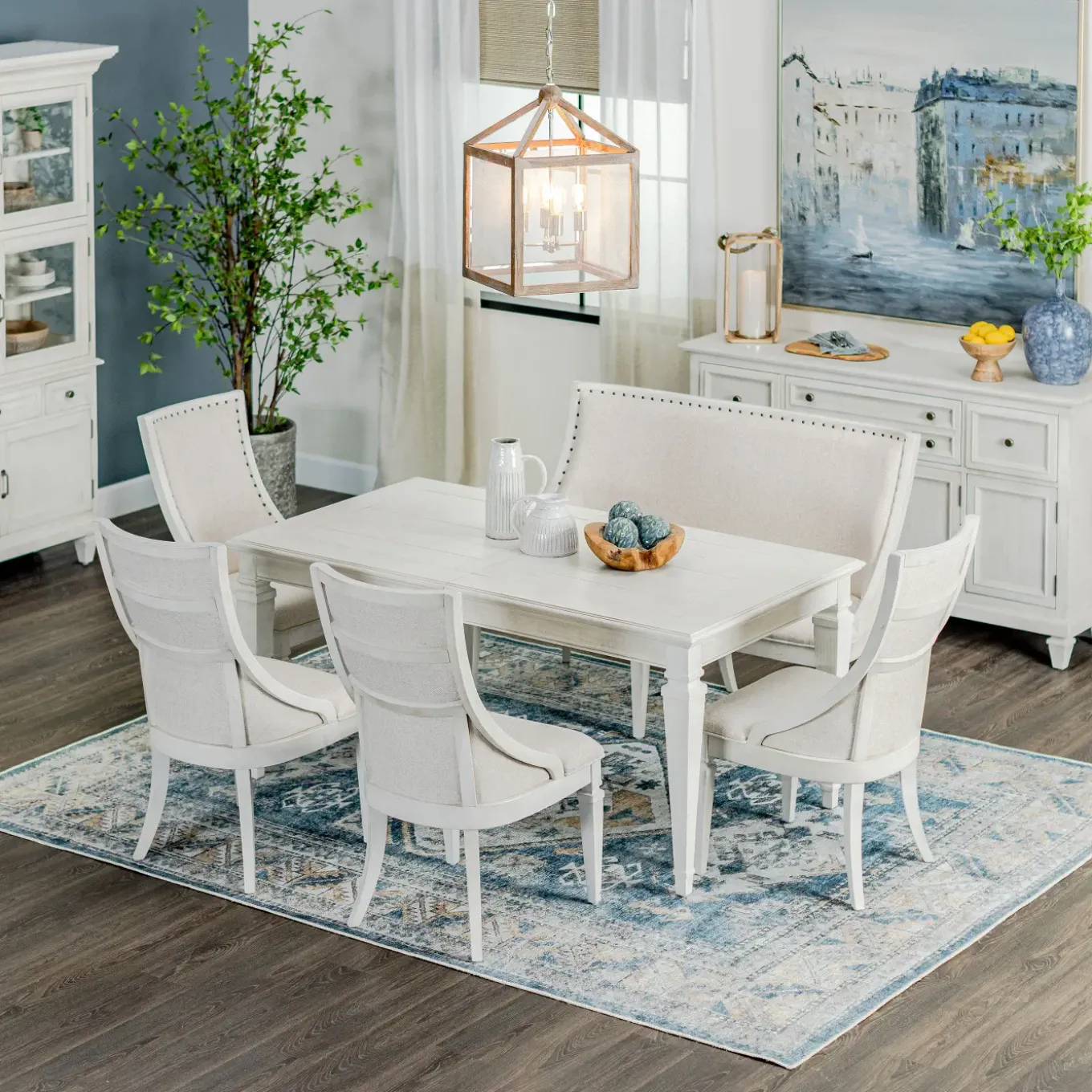 East Bay 6pc Dining Set: Extendable Dining Table, 4 Arm Chairs & Bench