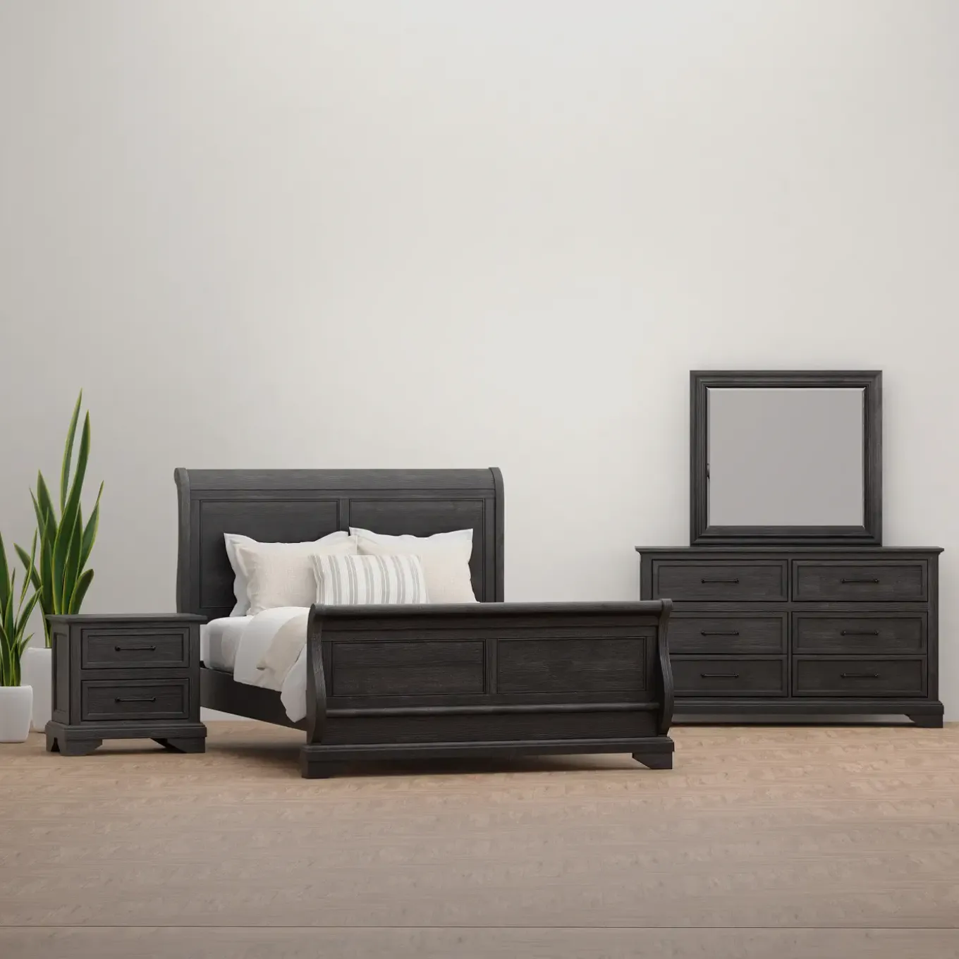 Fallston California King Sleigh Bed, Dresser, Mirror, Nightstand