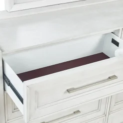 Laurel California King Bench Storage Bed, Dresser, Mirror & Nightstand