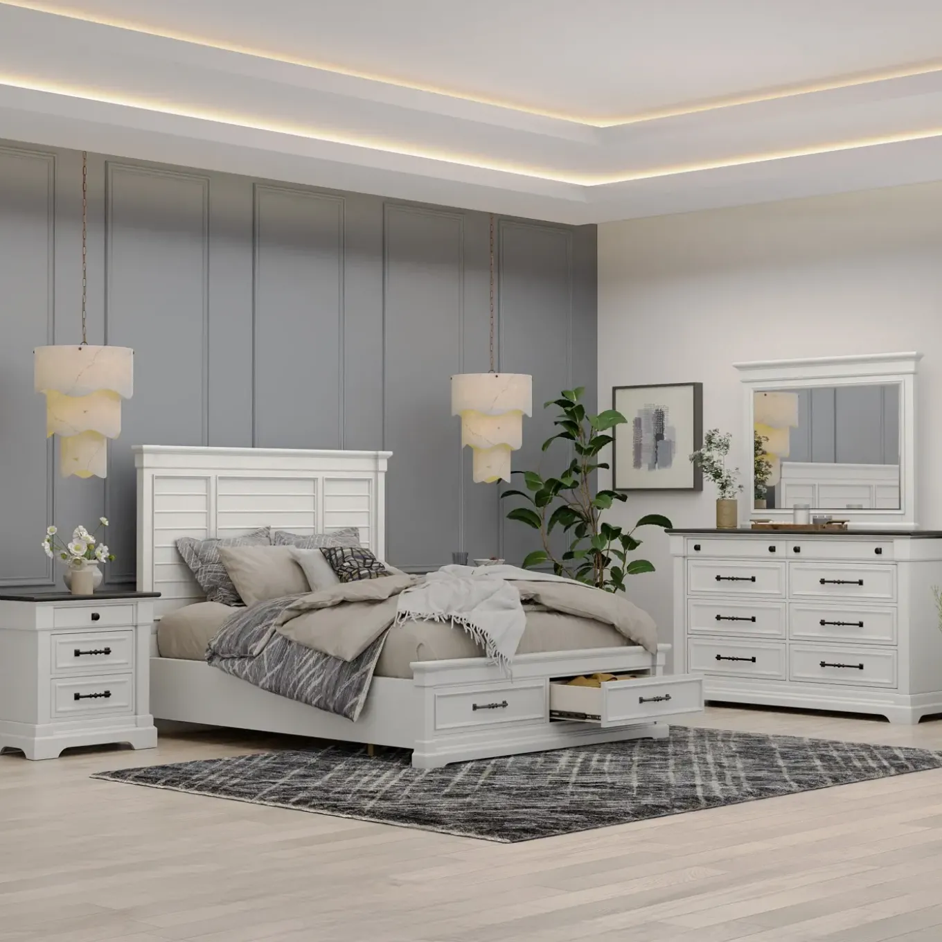 Sheridan California King Storage Bed, Dresser, Mirror, Nightstand