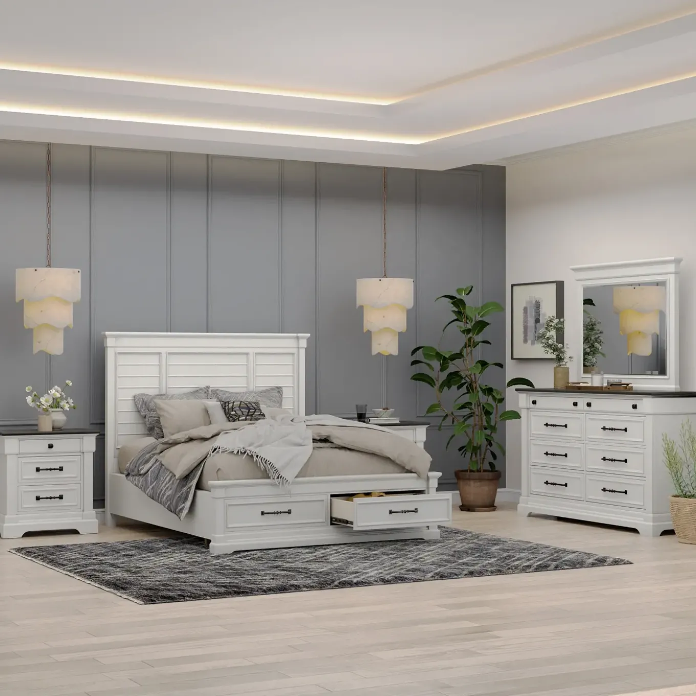 Sheridan King Storage Bed, Dresser, Mirror, Nightstand